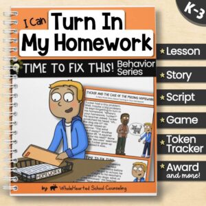 Illustrated cover for "I Can Turn In My Homework" from the Time to Fix This! Behavior Series, featuring a student with a homework tray.