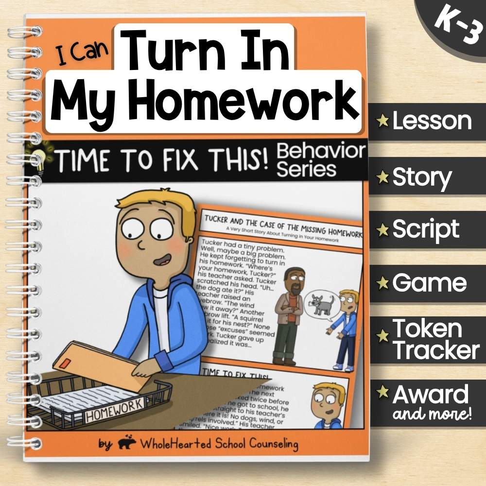 Illustrated cover for "I Can Turn In My Homework" from the Time to Fix This! Behavior Series, featuring a student with a homework tray.