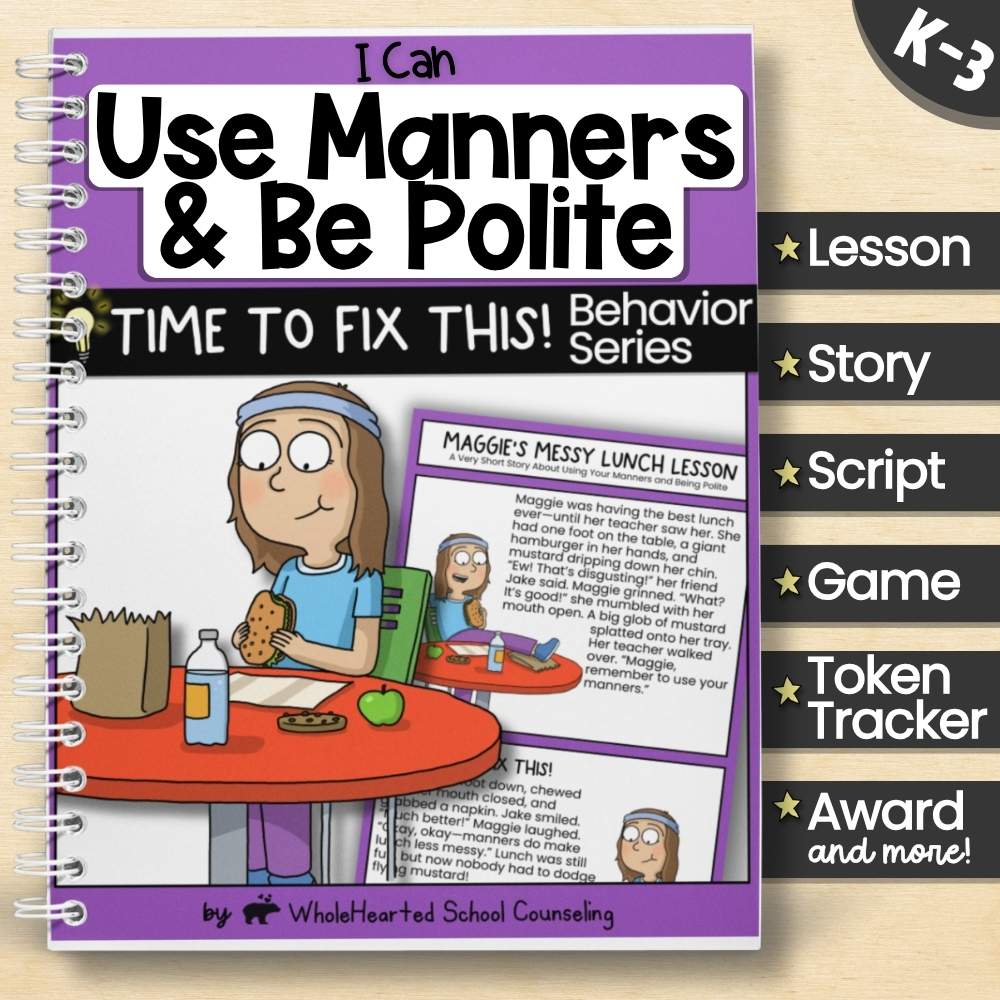 Cover of 'I Can Use Manners & Be Polite' SEL lesson with illustrated story, script, and toolkit for respectful behavior.
