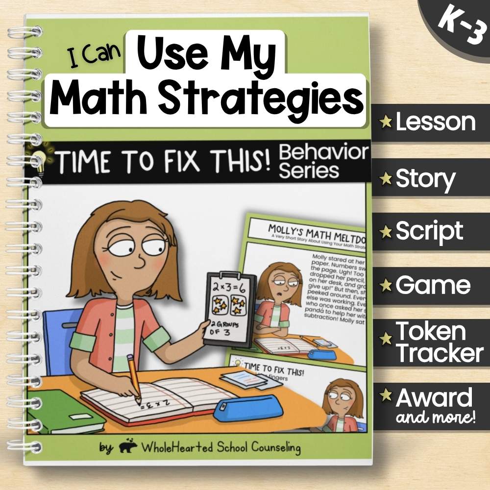 “I Can Use My Math Strategies” SEL resource cover showing a girl holding a math problem card and notebook.