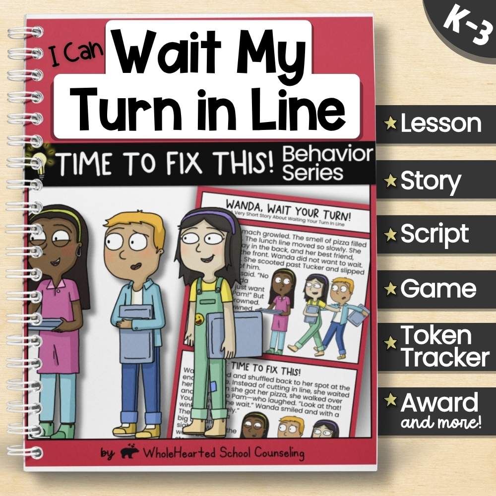 I Can Wait My Turn in Line behavior resource cover showing a student line-up story and lesson materials for K–3.