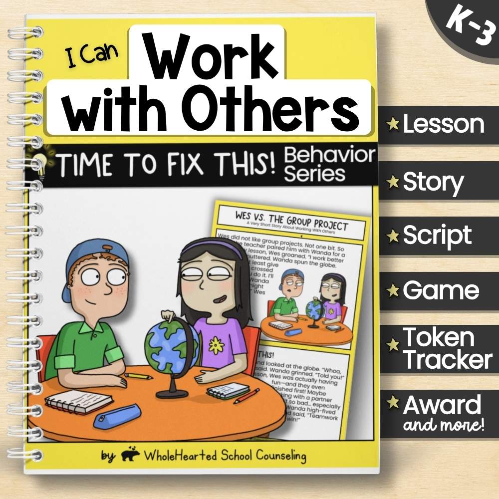 Illustrated cover of the "I Can Work With Others" behavior lesson featuring two cartoon students sitting at a table with a globe and school supplies.