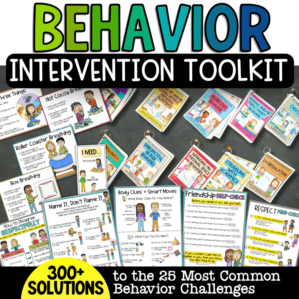 Behavior Intervention sheets for kids to help improve classroom management hanging on chalkboard