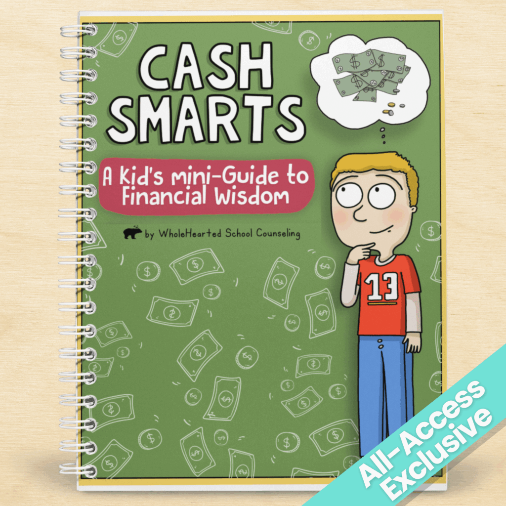 Cover of Cash Smarts for Kids mini-guide to financial wisdom, featuring cartoon boy thinking about money with floating dollar bills.