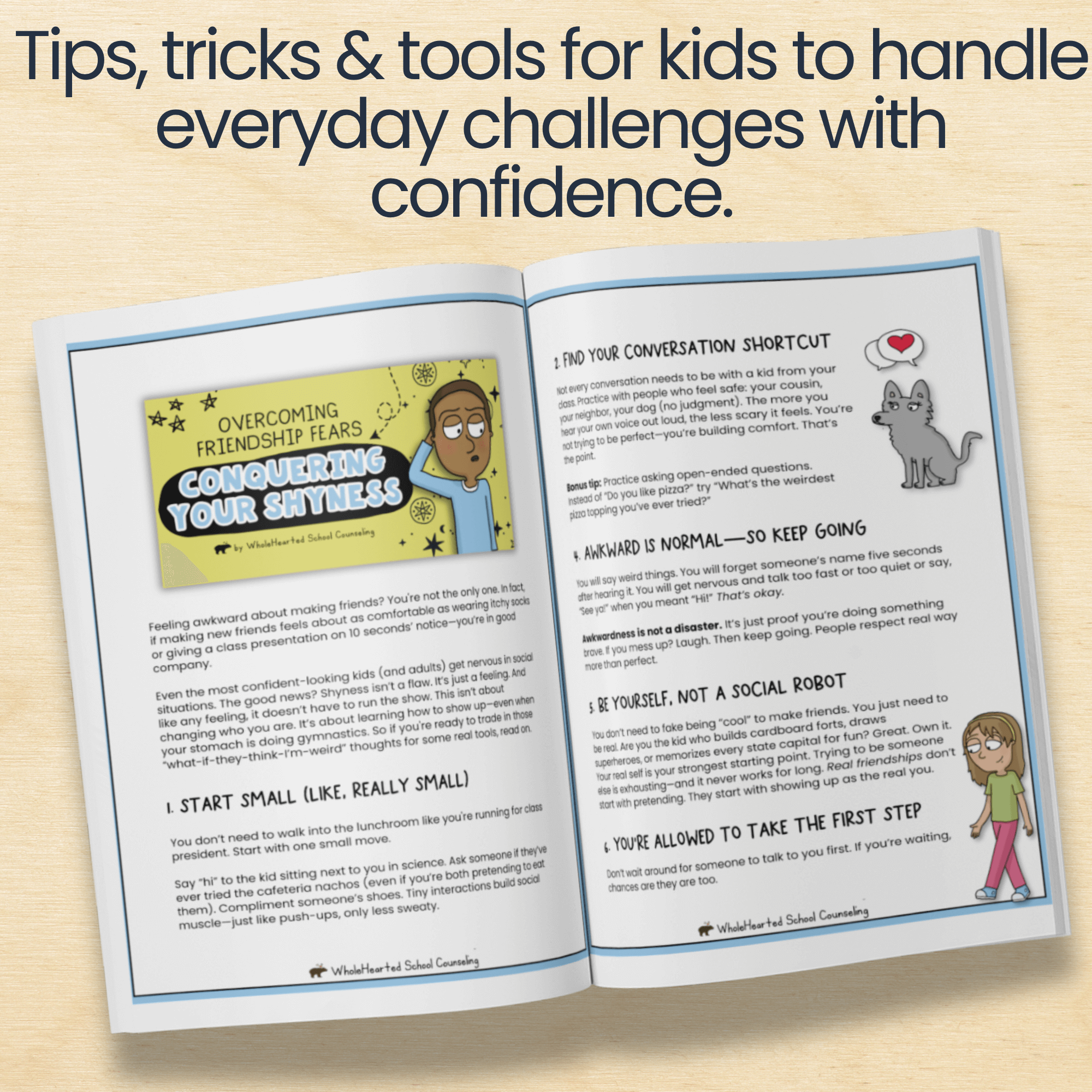 conquering-your-shyness-social-skills-guide-inside-pages Inside pages of "Conquering Your Shyness" showing tips and conversation strategies to help kids overcome shyness and make friends.
