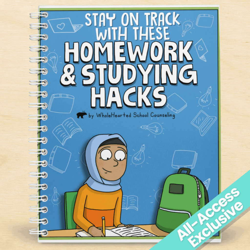 Illustrated cover for "Stay on Track with These Homework & Studying Hacks" showing a student writing at a desk with a backpack beside her.