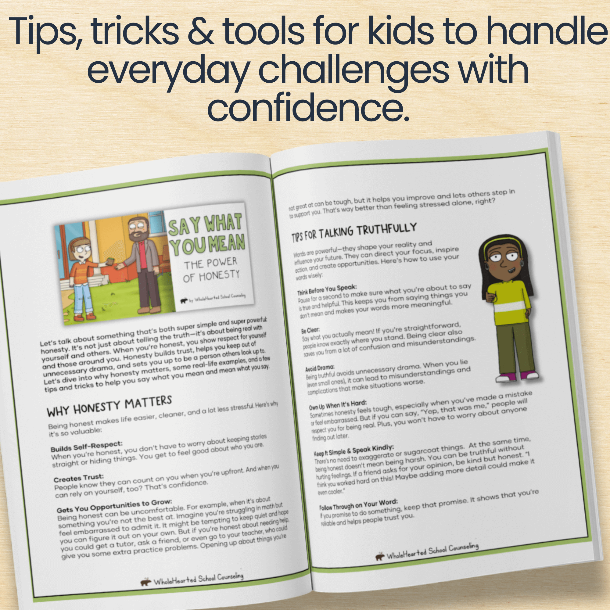 honesty-social-skills-lesson-pages Inside view of “Say What You Mean” honesty resource, showing student-friendly tips and examples about truthfulness, self-respect, and communication strategies for kids.