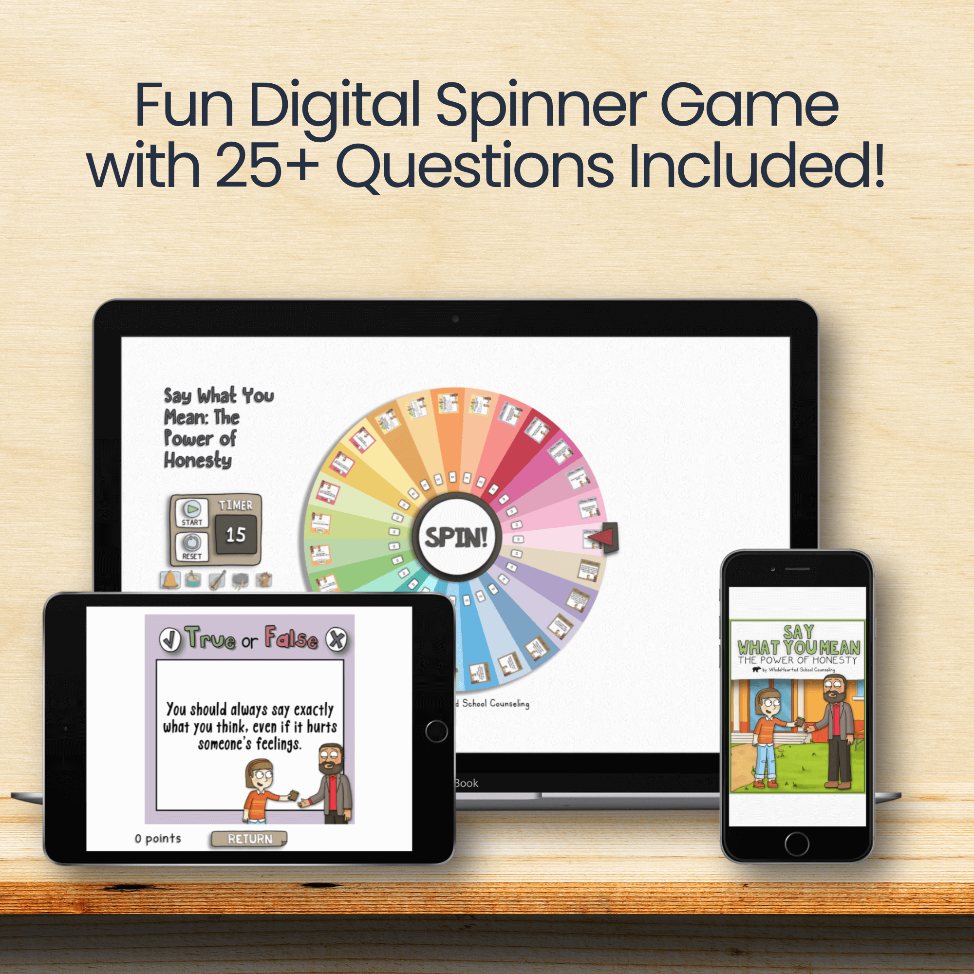 honesty-spinner-game-digital-sel-tool Digital spinner game for teaching honesty, featuring multiple-choice and true/false questions to help students explore the value of telling the truth.