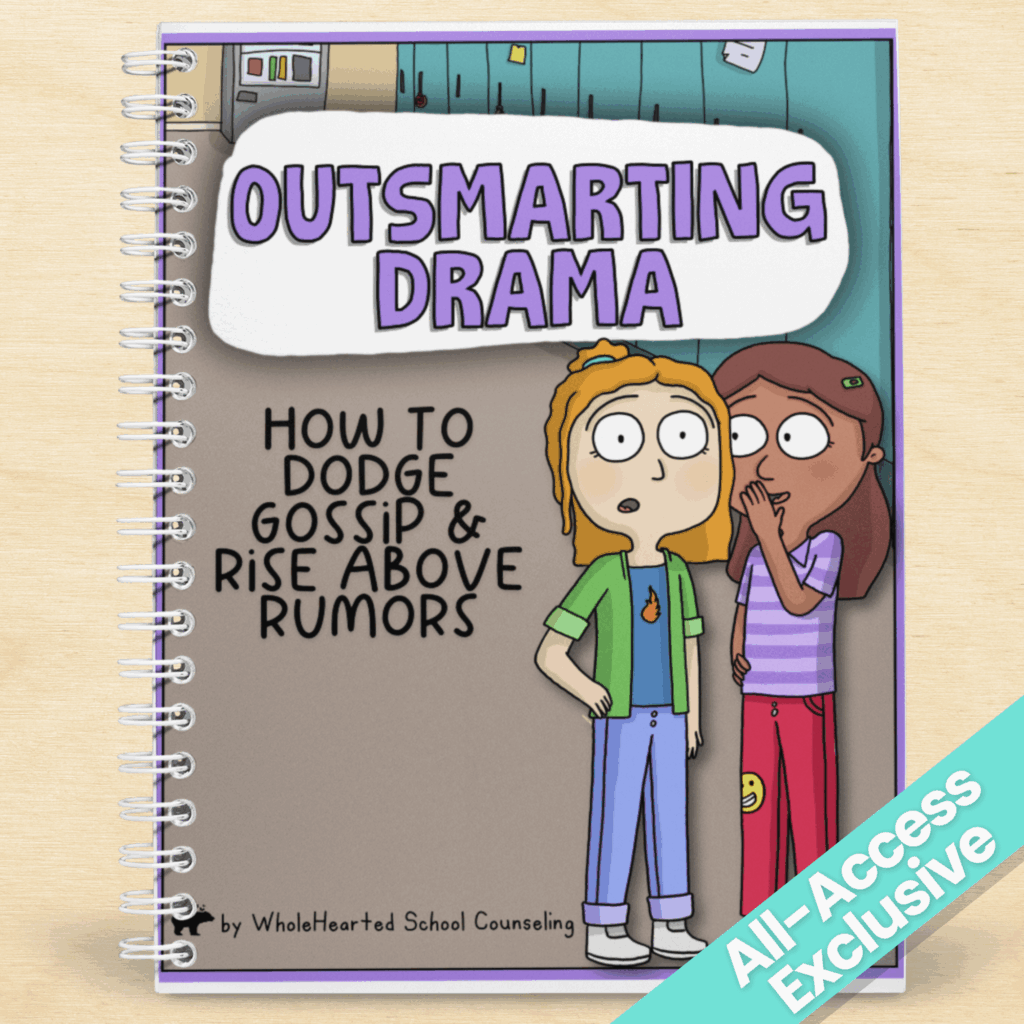 “Outsmarting Drama” SEL resource cover showing two cartoon girls with one whispering, teaching kids how to handle gossip and rumors with confidence