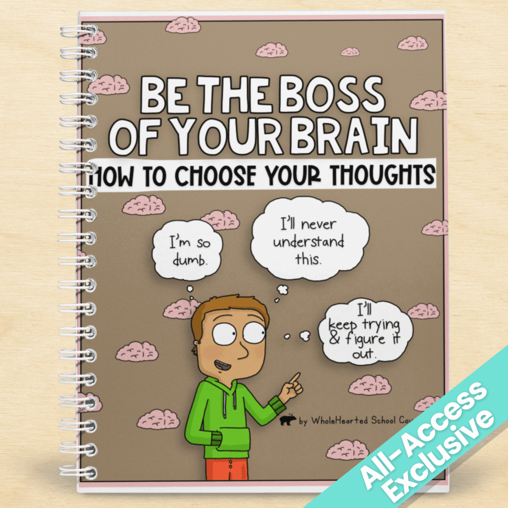Cartoon boy thinking hurtful and helpful thoughts with title “Be the Boss of Your Brain: How to Choose Your Thoughts”