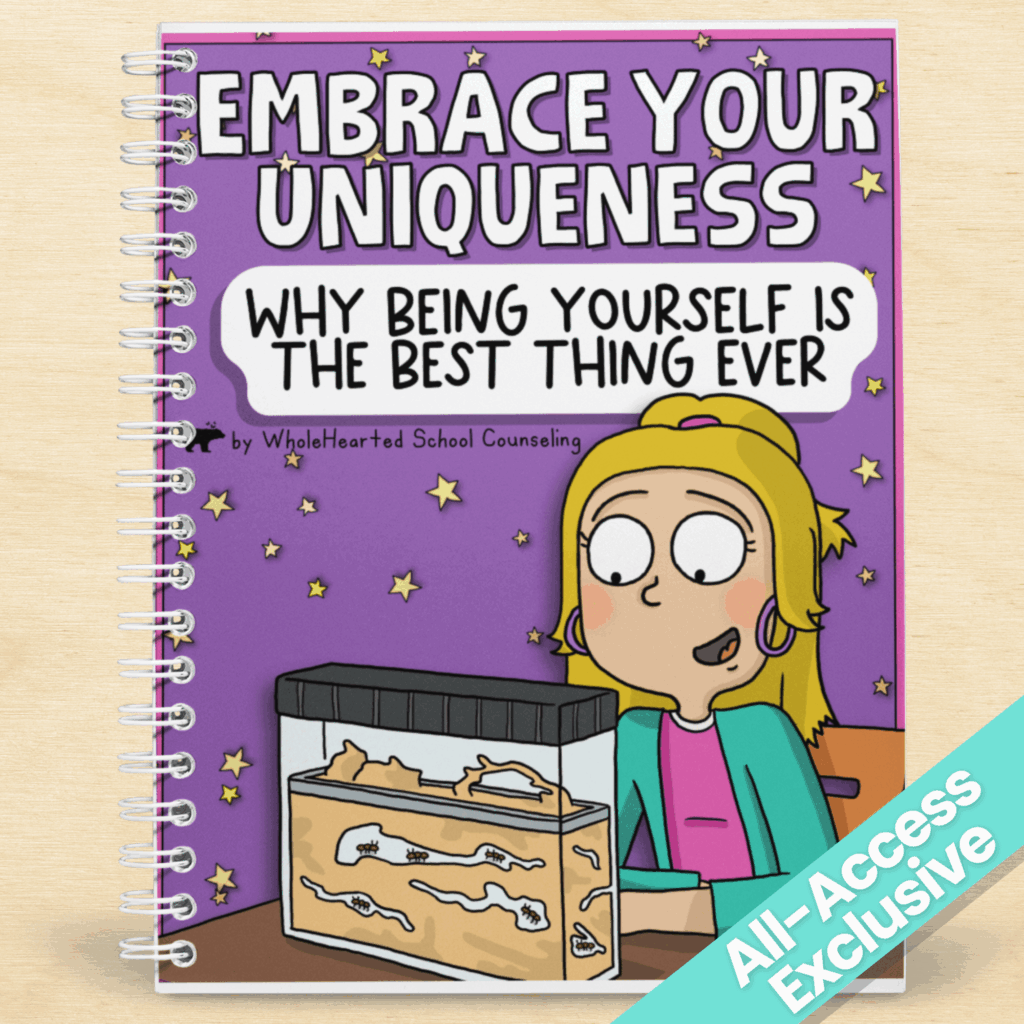 Cartoon cover of a SEL resource titled “Embrace Your Uniqueness” by WholeHearted School Counseling, designed for teaching kids to embrace their uniqueness through confidence-building tools.