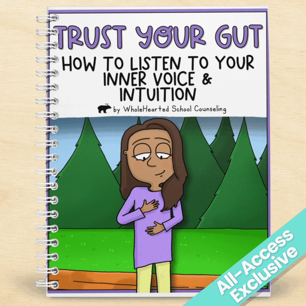 Cover of Trust Your Gut resource showing a girl listening to her inner voice with hand on heart and stomach, teaching kids how to follow their intuition.
