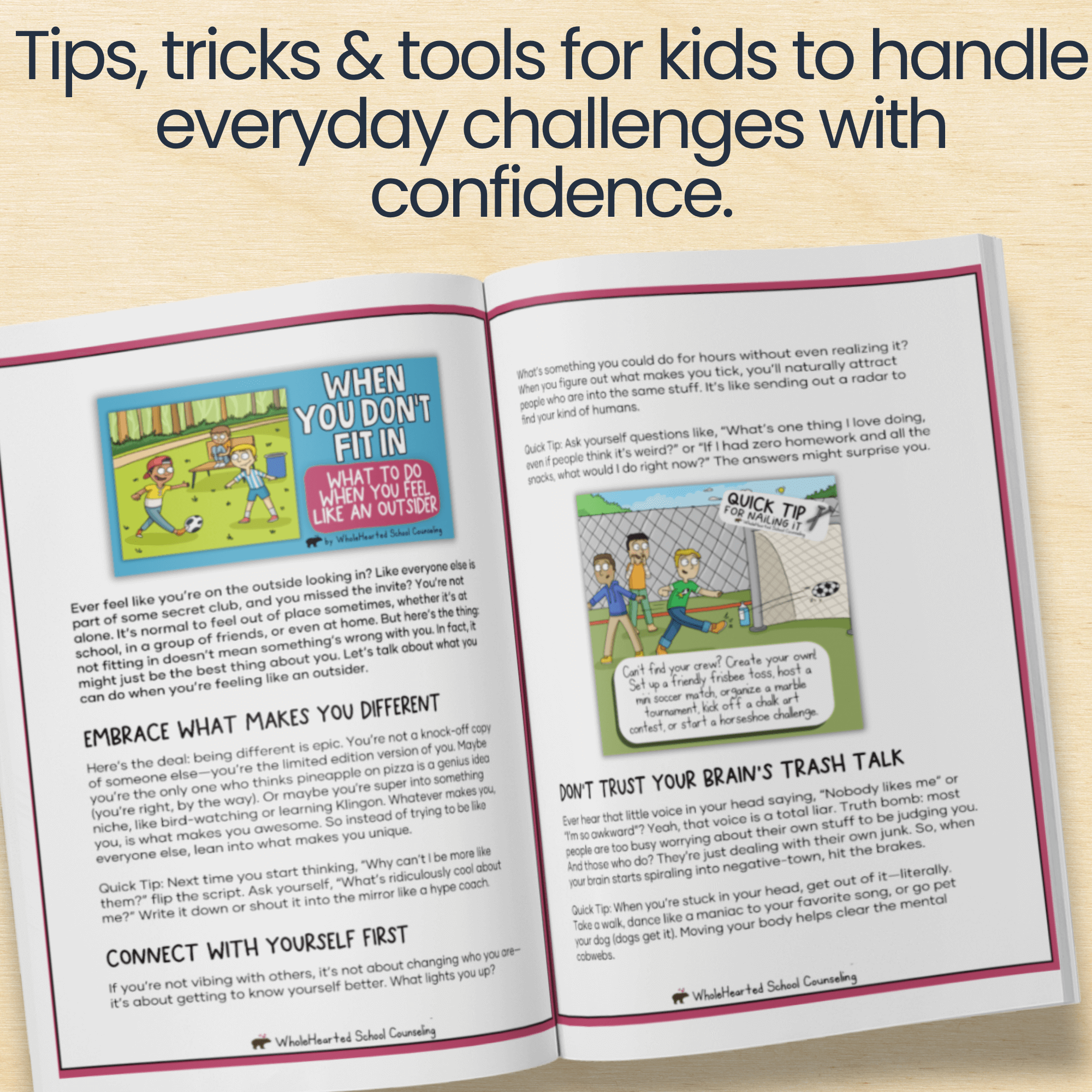 when-you-dont-fit-in-social-emotional-learning-inside-preview Inside view of the “When You Don’t Fit In” SEL toolkit featuring tips to embrace differences, build confidence, and handle outsider feelings using kid-friendly language and visuals.