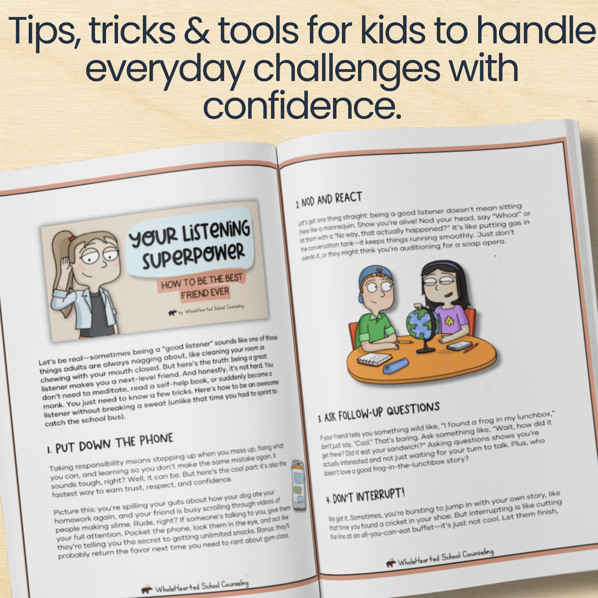your-listening-superpower-listening-skills-for-kids-pdf-preview Open pages from “Your Listening Superpower” teaching kids listening skills with tips, tricks, and engaging illustrations.