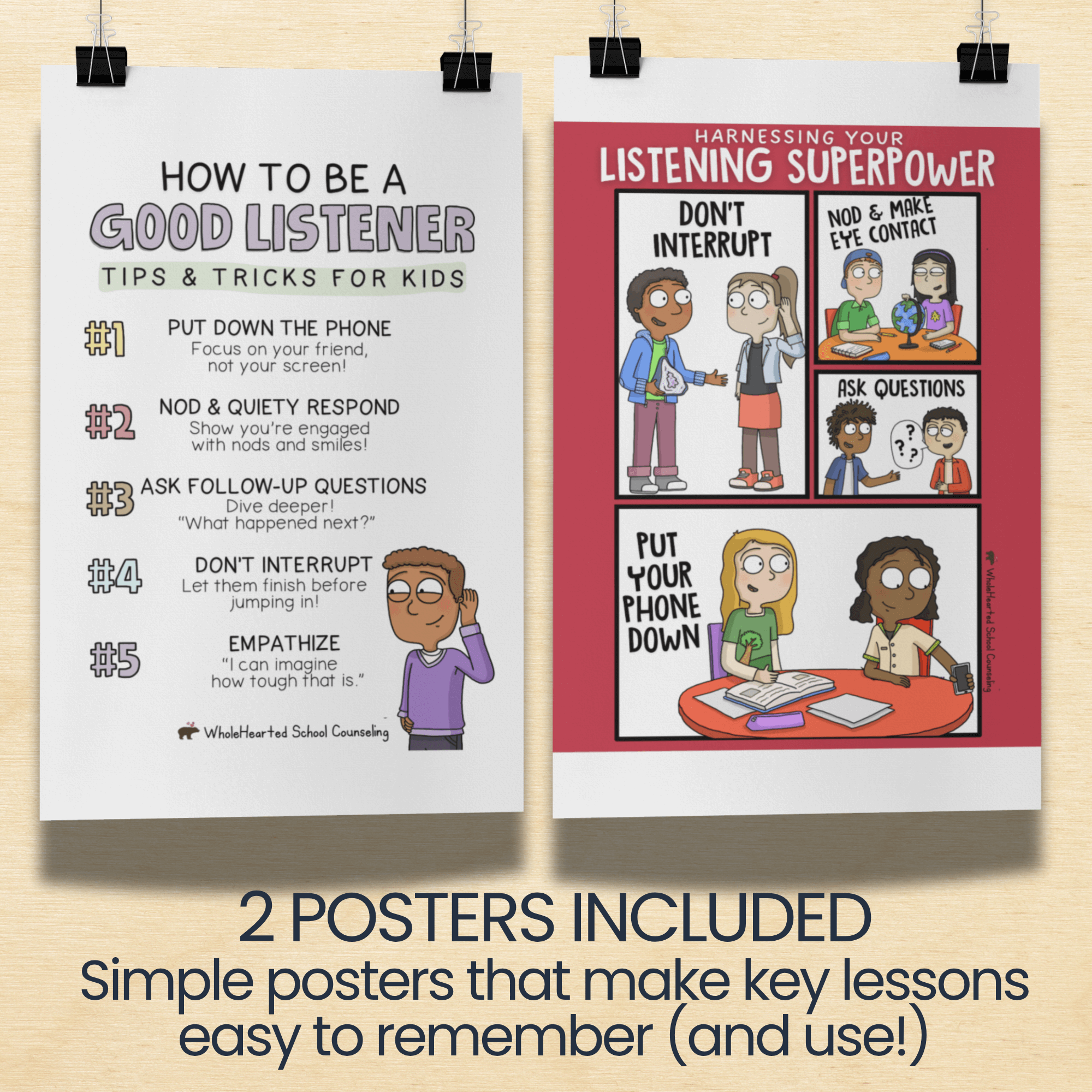 your-listening-superpower-posters-on-how-to-be-a-good-listener Two colorful posters from “Your Listening Superpower” showing how to be a good listener with kid-friendly tips and visuals.