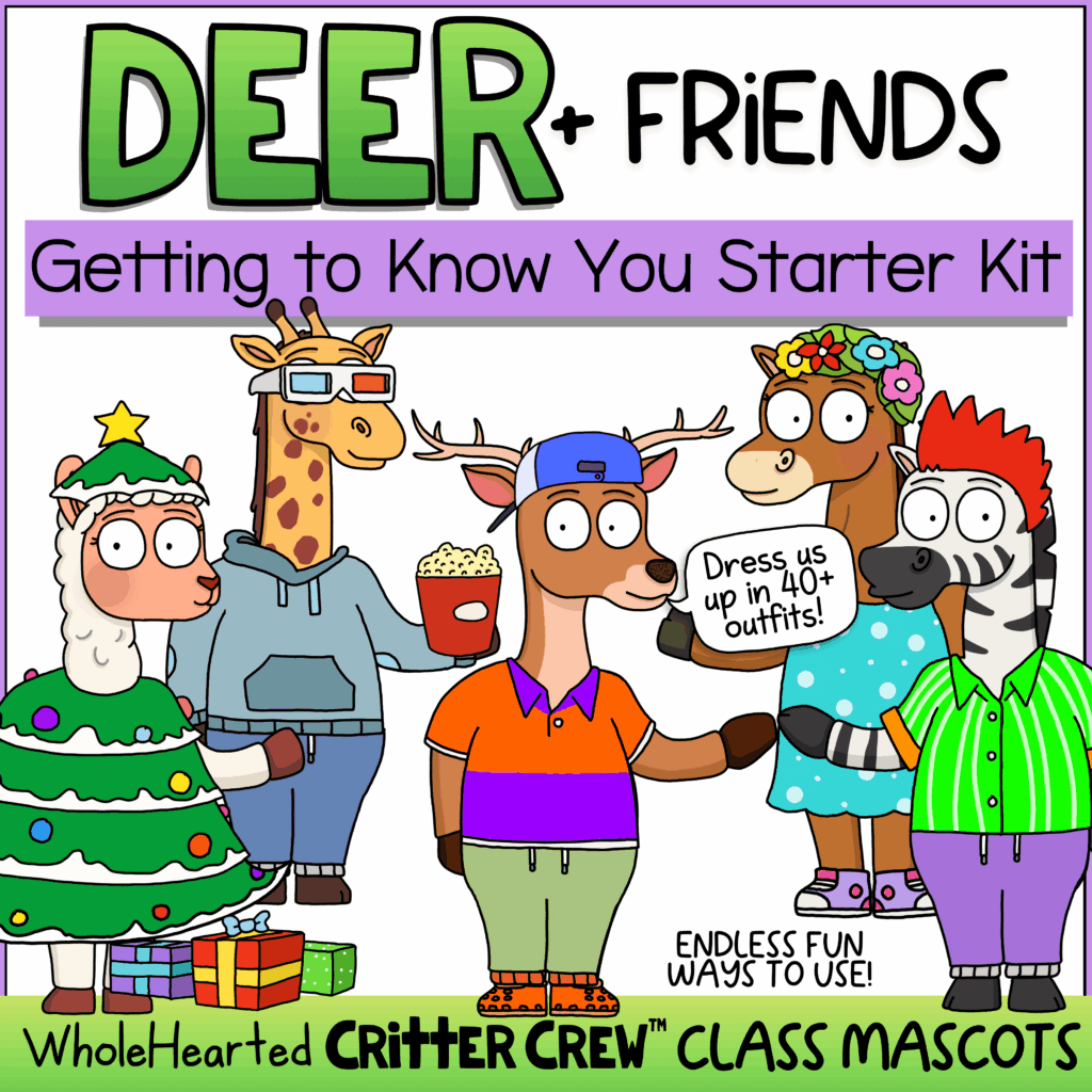 classroom mascot system with deer and classroom goose characters for community building