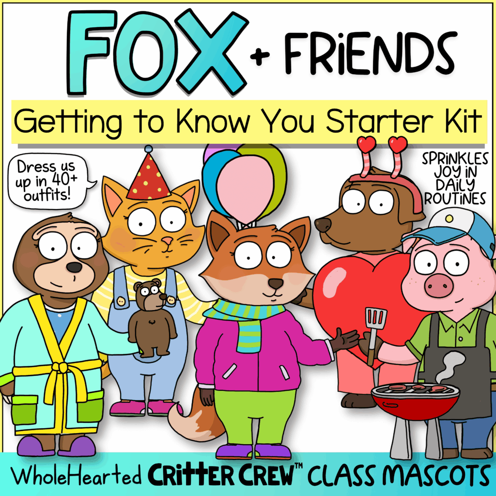 classroom mascot system with fox and classroom goose characters for community building