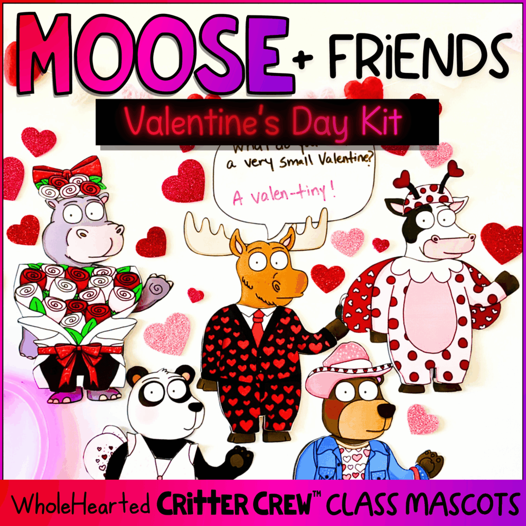 Valentine’s Day classroom mascot inspired by the porch goose trend, featuring a classroom goose–style moose with mix-and-match outfits