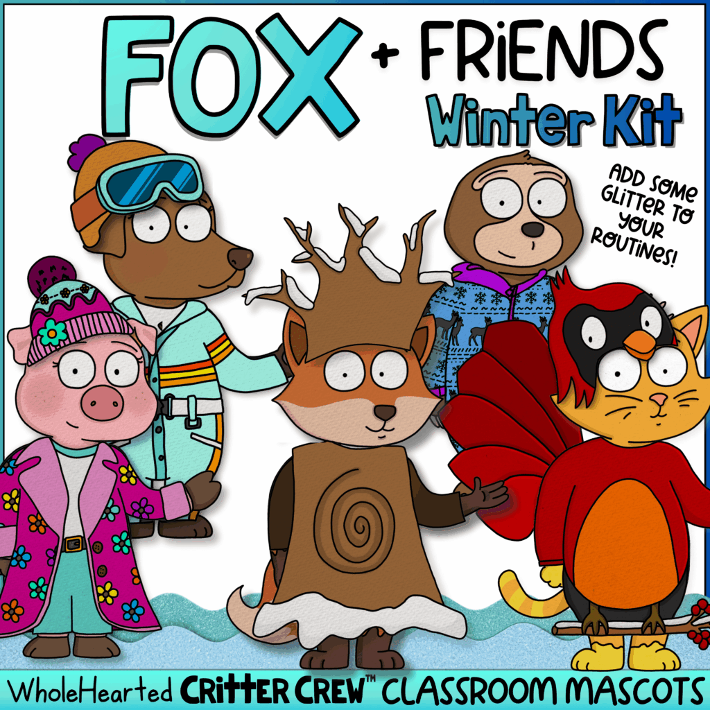 Fox classroom mascot with classroom goose for winter bulletin board decor.