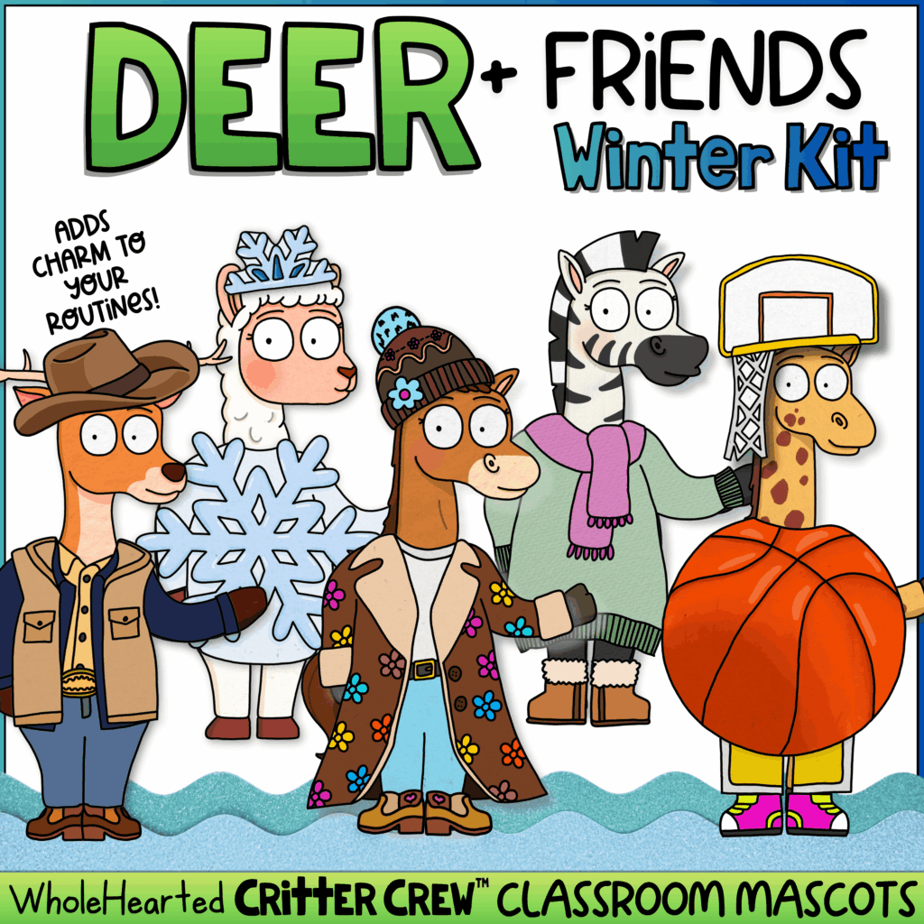 Deer classroom mascot with classroom goose for winter bulletin board decor