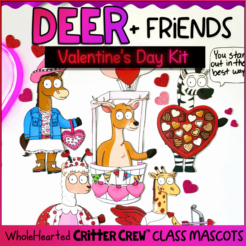 Valentine’s Day classroom mascot inspired by the porch goose trend, featuring Deer & Friends in a classroom goose–style display