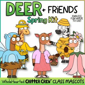 Spring classroom mascots inspired by the porch goose trend featuring Deer and friends for SEL and community.