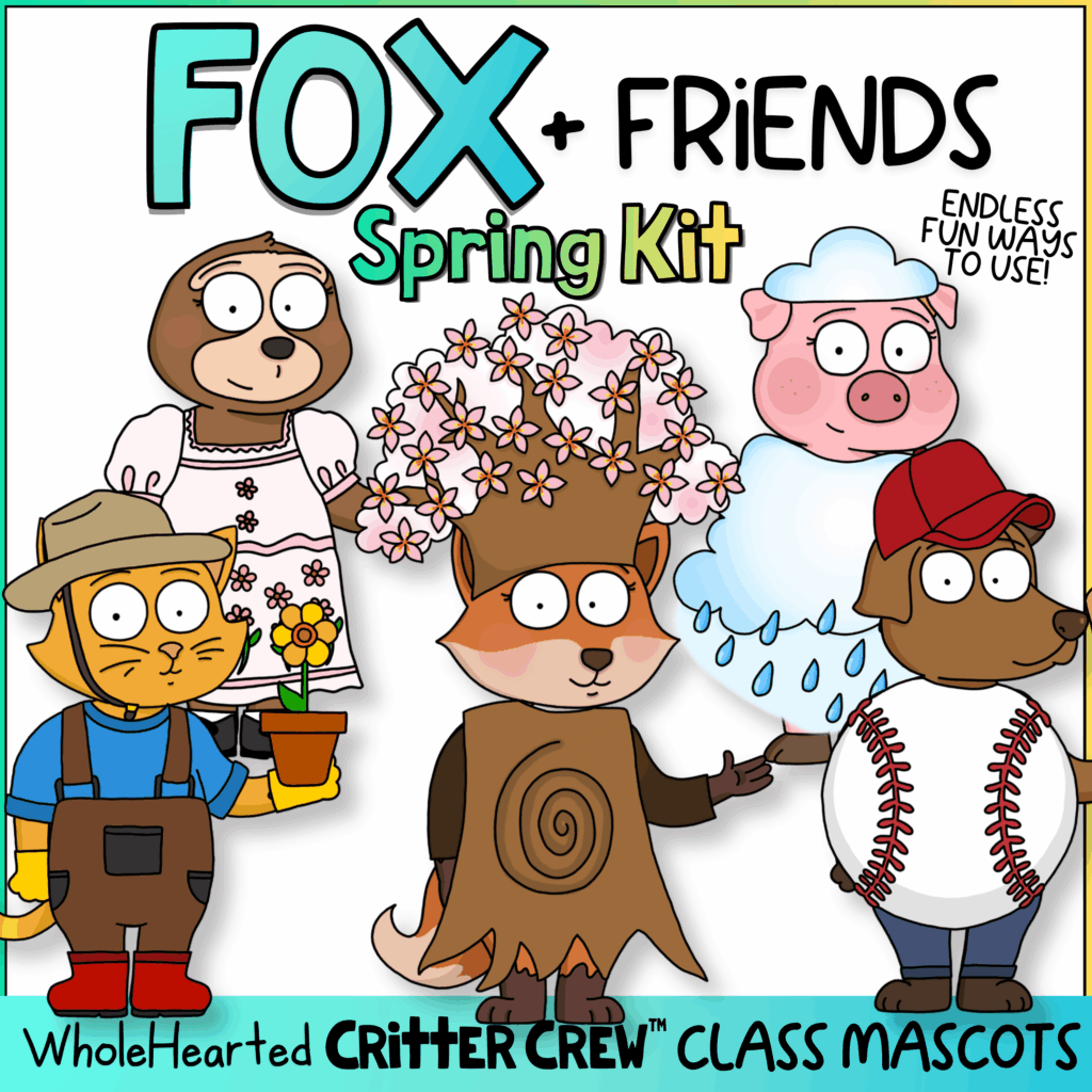 Spring classroom mascots inspired by the porch goose trend featuring Fox, Dog, Cat, Sloth, and Pig for SEL.