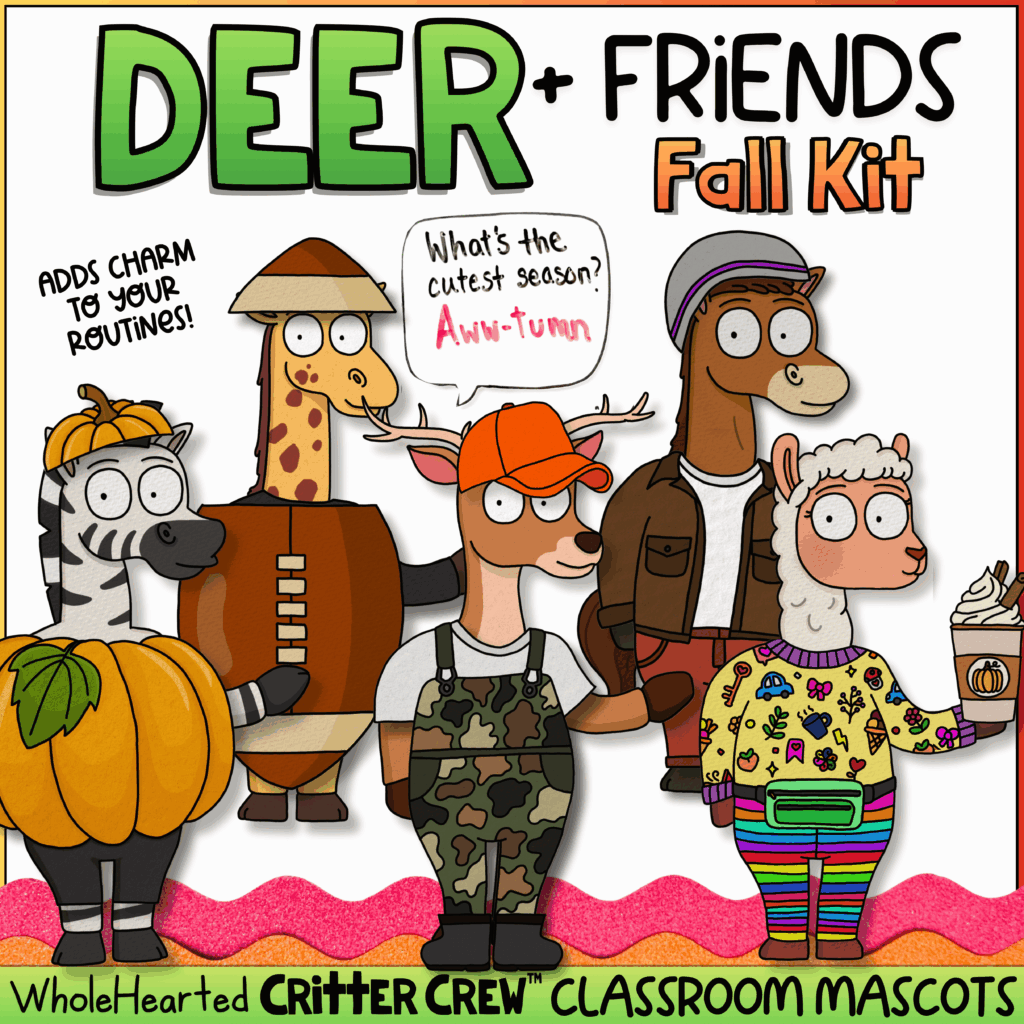 Goose classroom mascot fall bulletin board with deer and woodland friends.