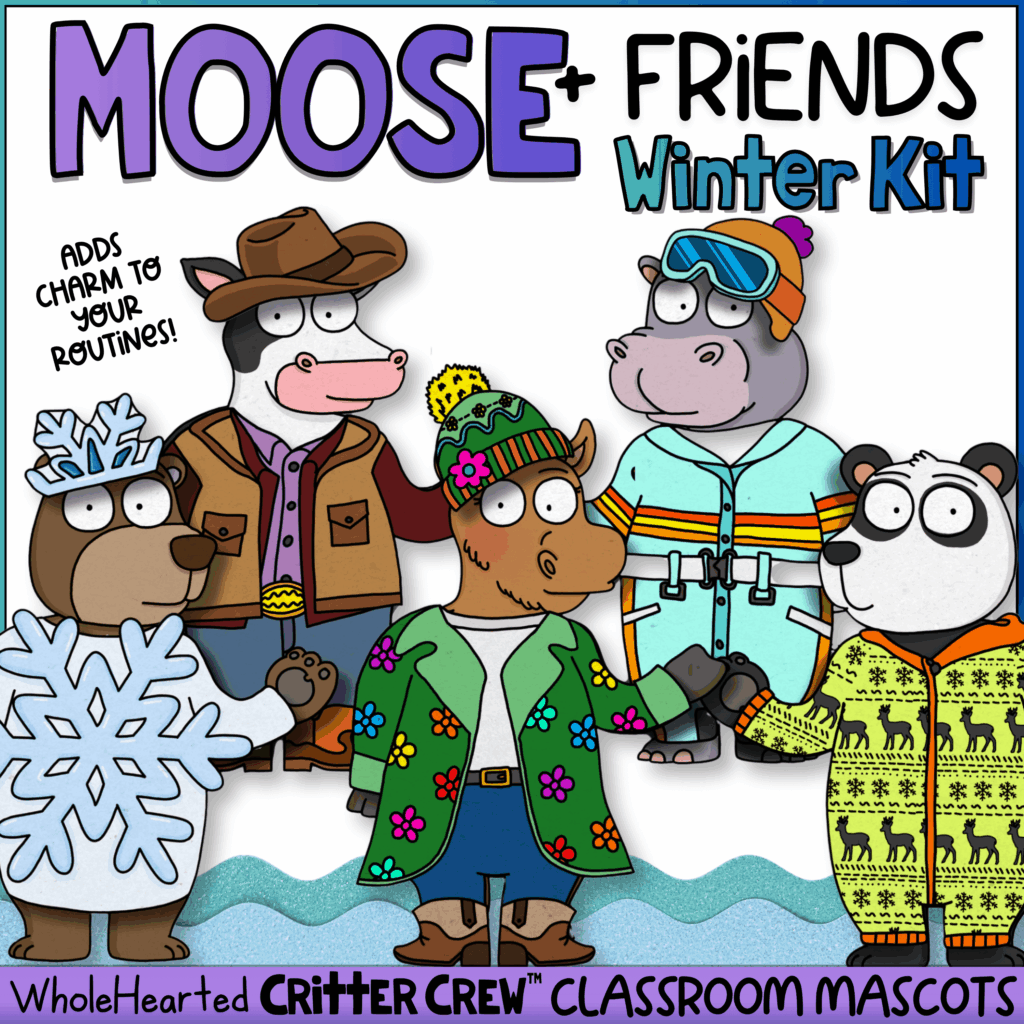 Moose classroom mascot with porch goose winter bulletin board display.