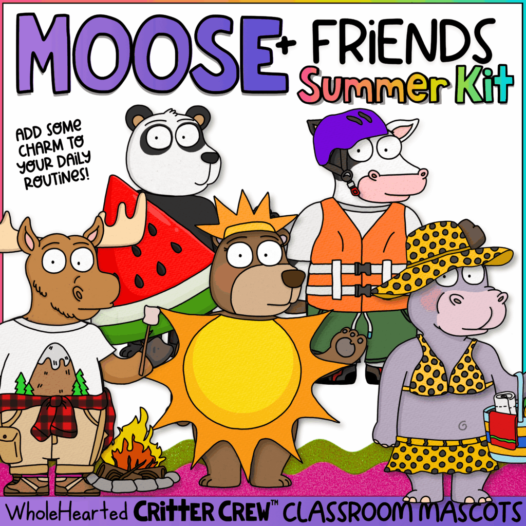 Classroom goose summer bulletin board with moose and animal friends for elementary school.