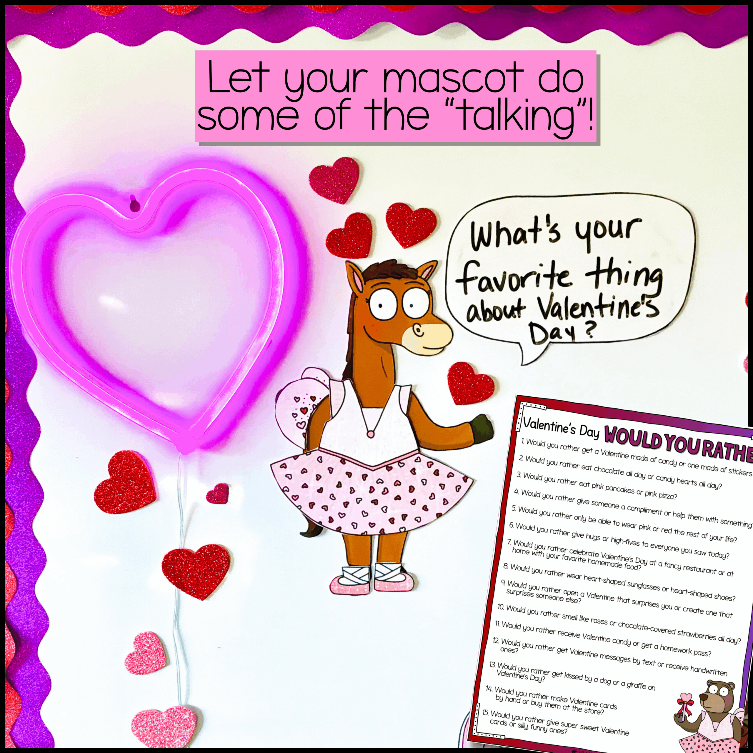 Class Mascot Behavior Management System SEL Porch Goose (5) WholeHearted Critter Crew Valentine’s Day kit inspired by porch goose and classroom goose decor, showing the Deer, Giraffe, Horse, Zebra, and Alpaca