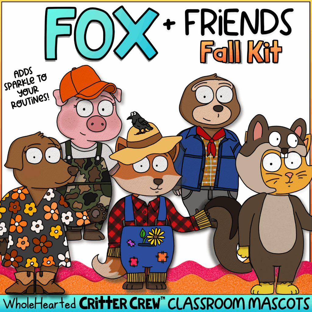 Goose classroom mascot fall bulletin board with dog and animal friends