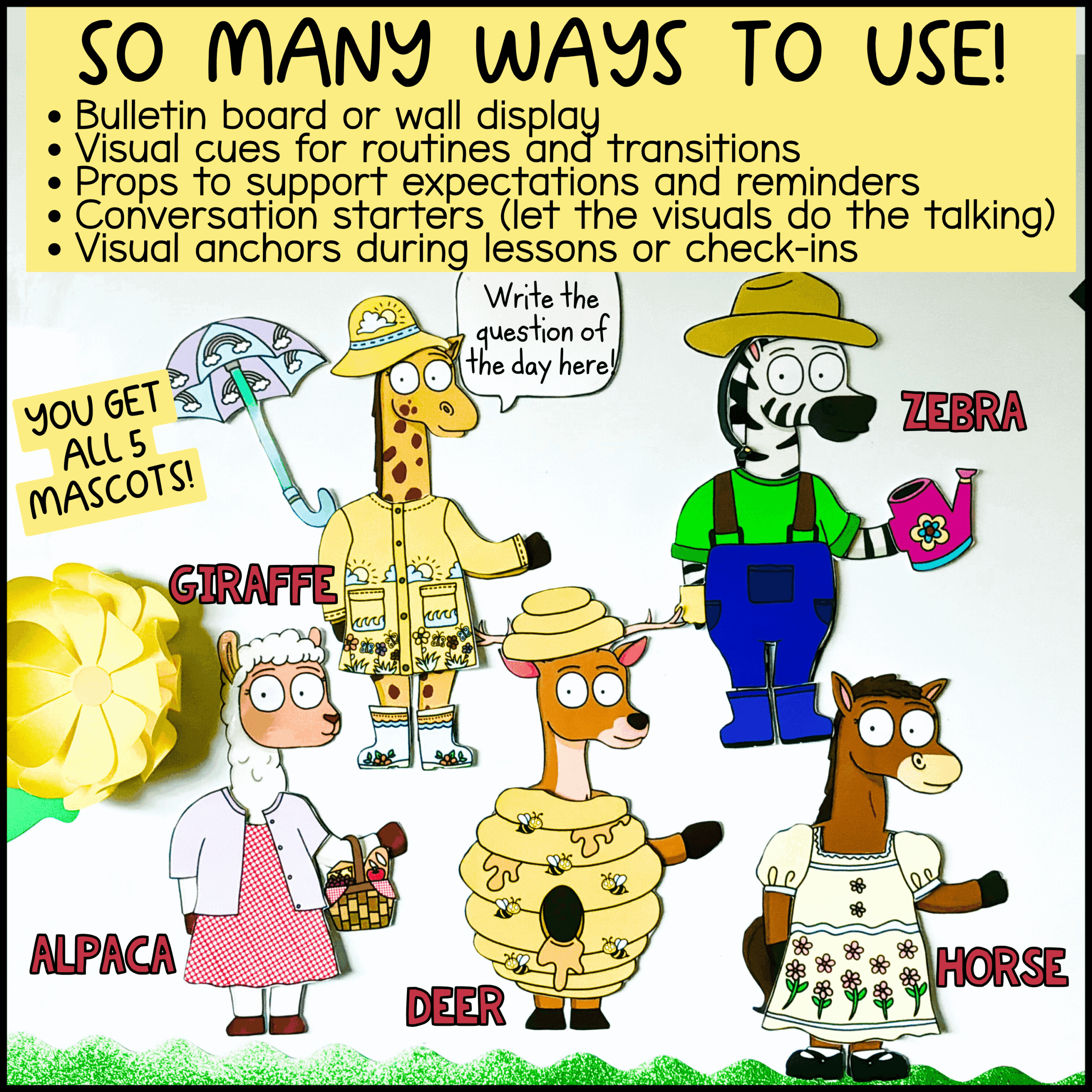 class goose mascot bulletin board Classroom goose alternative with Deer and friends on a spring bulletin board for SEL and behavior support.