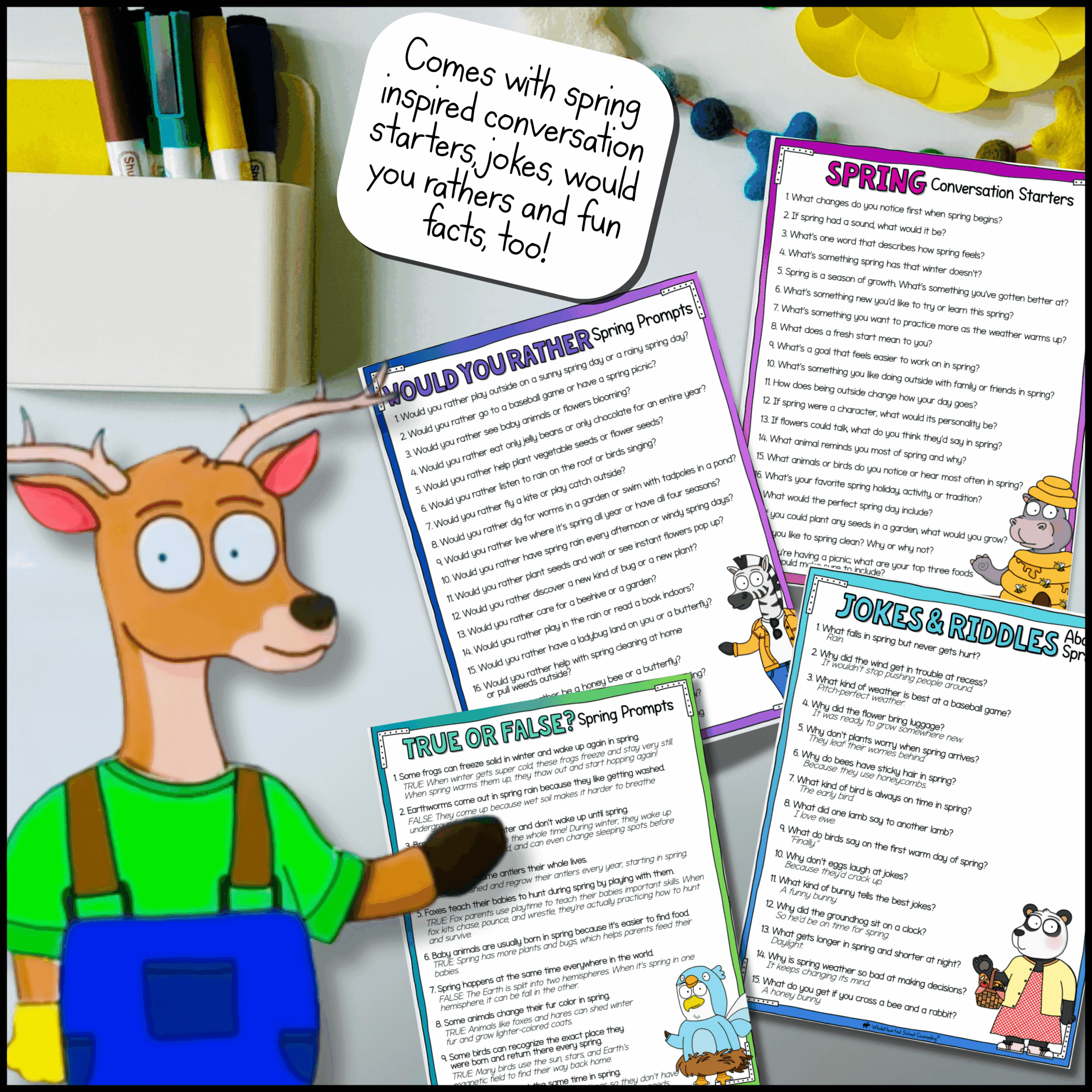 spring bulletin board class goose mascot deer and friends Class goose–inspired Deer and friends mascots used in morning meeting for classroom community.