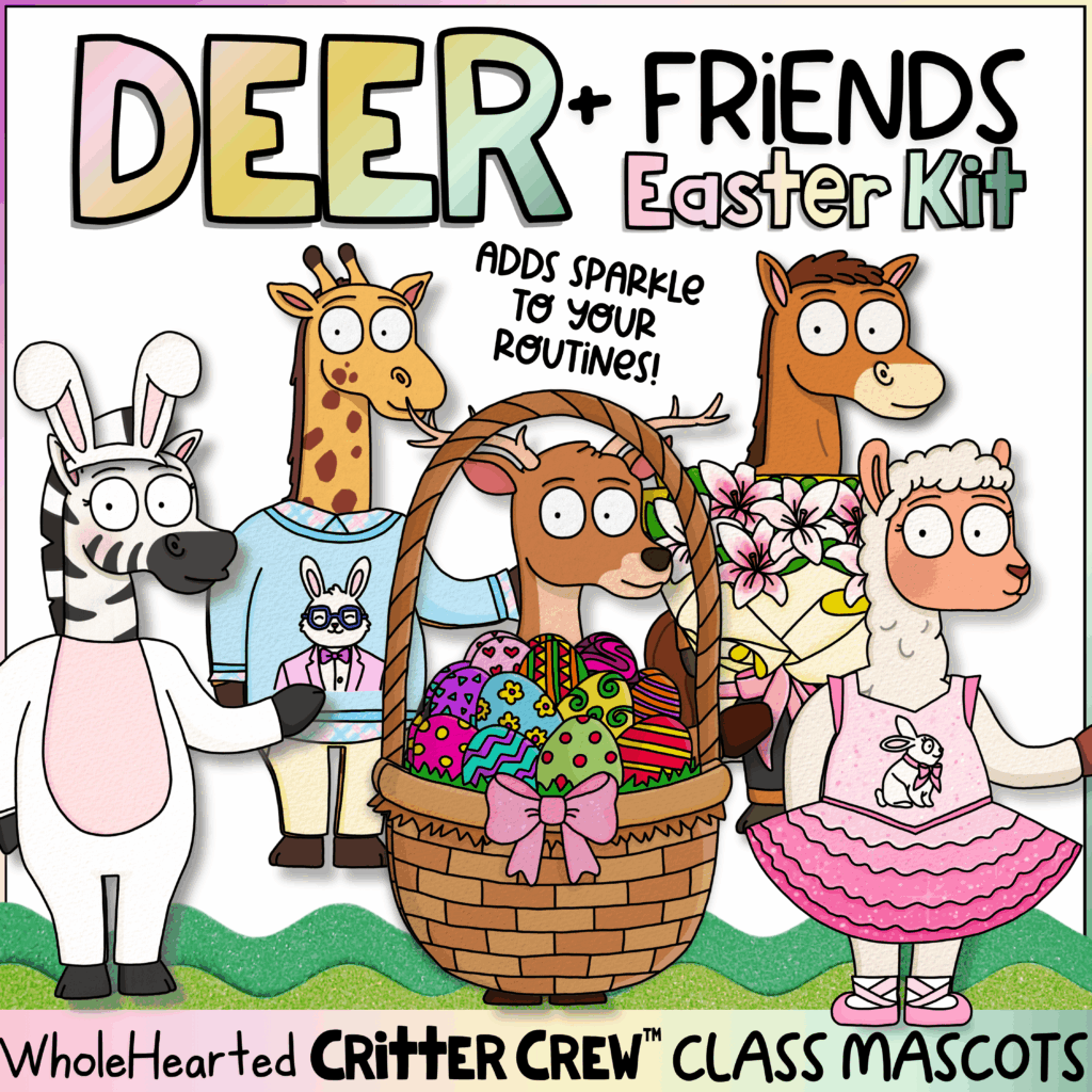 Deer and friends Easter classroom mascots with mix-and-match outfits inspired by the classroom goose trend