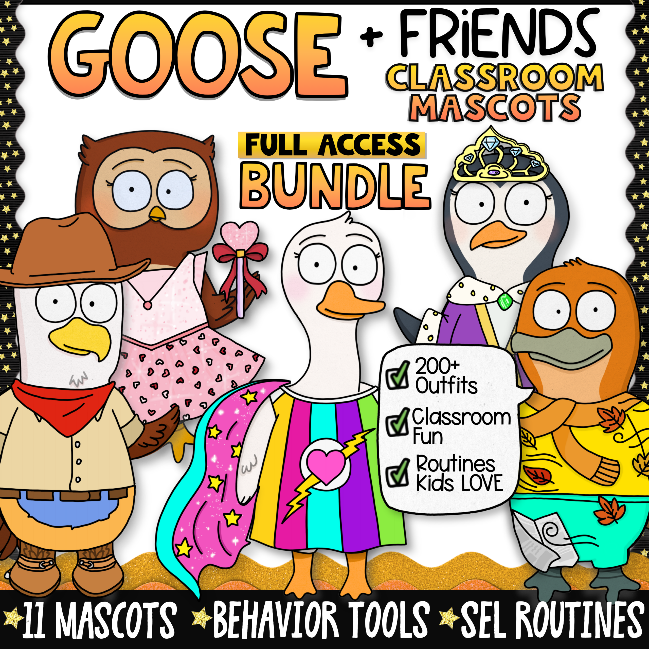 Classroom Goose Critter Crew Moose Growing Bundle SEL Behavior Management Bulletin Board Goose classroom mascot bundle with 11 printable classroom mascots for SEL, behavior management, and classroom community activities