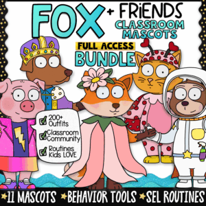 budget friendly classroom goose class mascot alternative with fox, dog, cat, sloth and pig class mascots