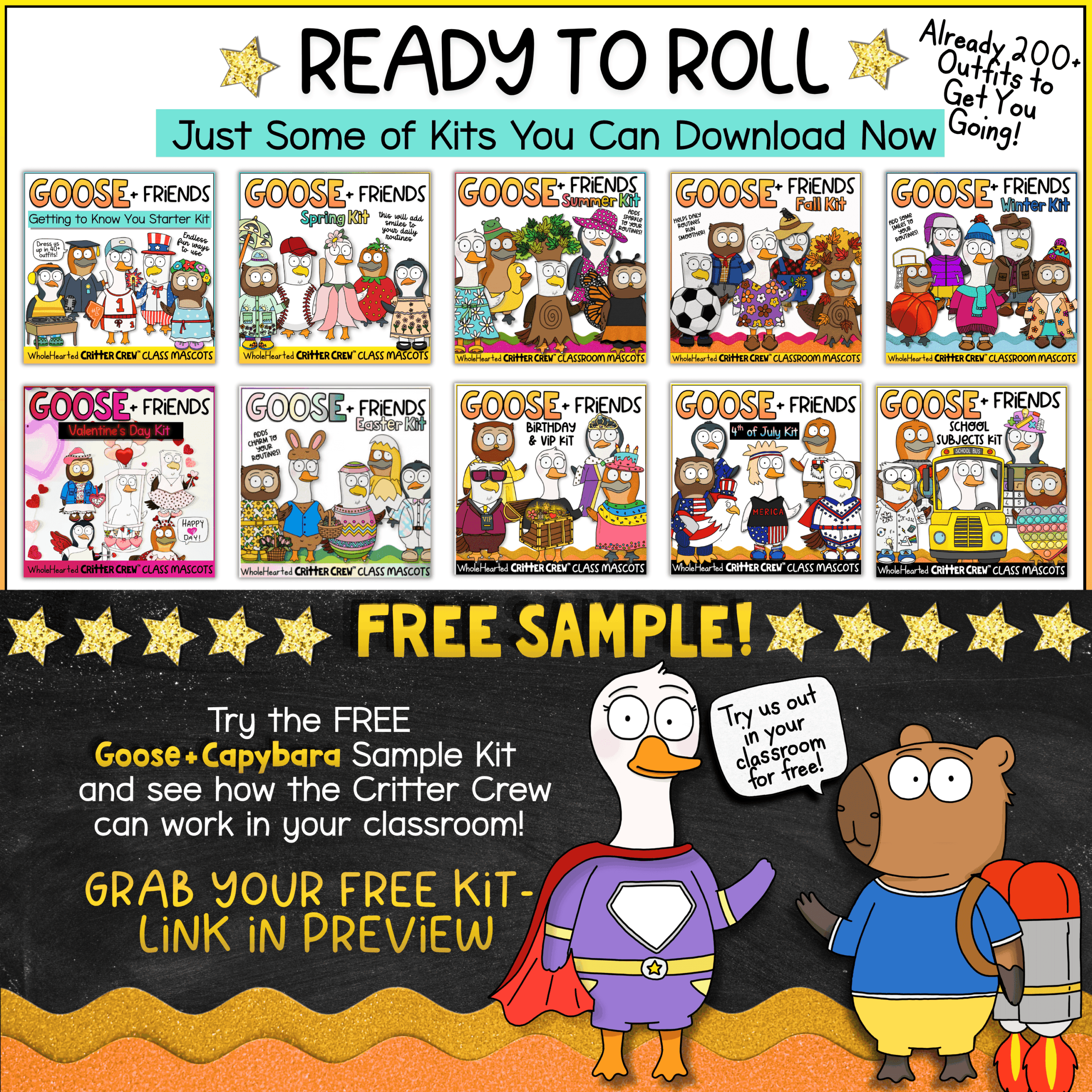Classroom goose mascot for bulletin board decor, SEL, and behavior management routines.Critter Crew Goose classroom mascot kit with social emotional learning activities, behavior management visuals, and class community tools