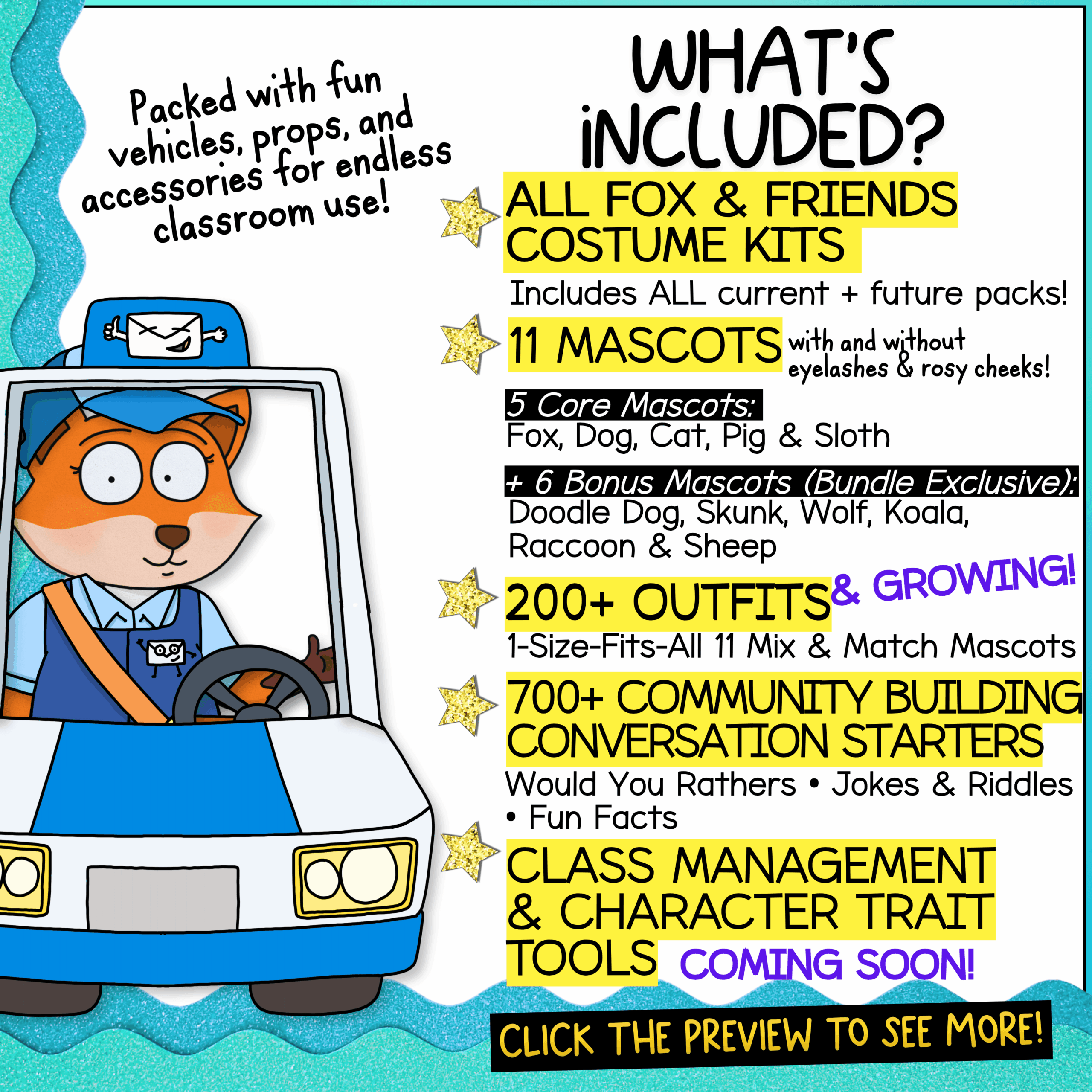 Critter Crew Classroom goose mascot with bulletin board props for SEL and behavior management classroom mascots goose fox dog, pig, cat and sloth for SEL and behavior interventions
