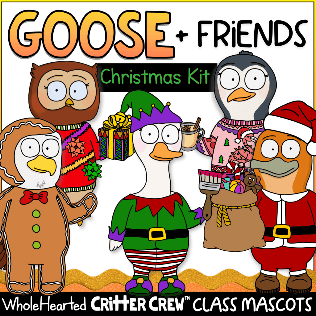 Christmas classroom decor featuring goose and capybara mascots