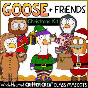 Christmas classroom decor featuring goose and capybara mascots