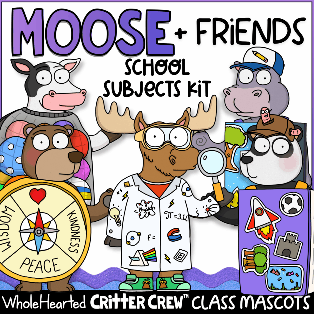 Classroom mascot kit with goose, moose, cow, bear, and hippo class mascots
