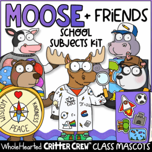 Classroom mascot kit with goose, moose, cow, bear, and hippo class mascots