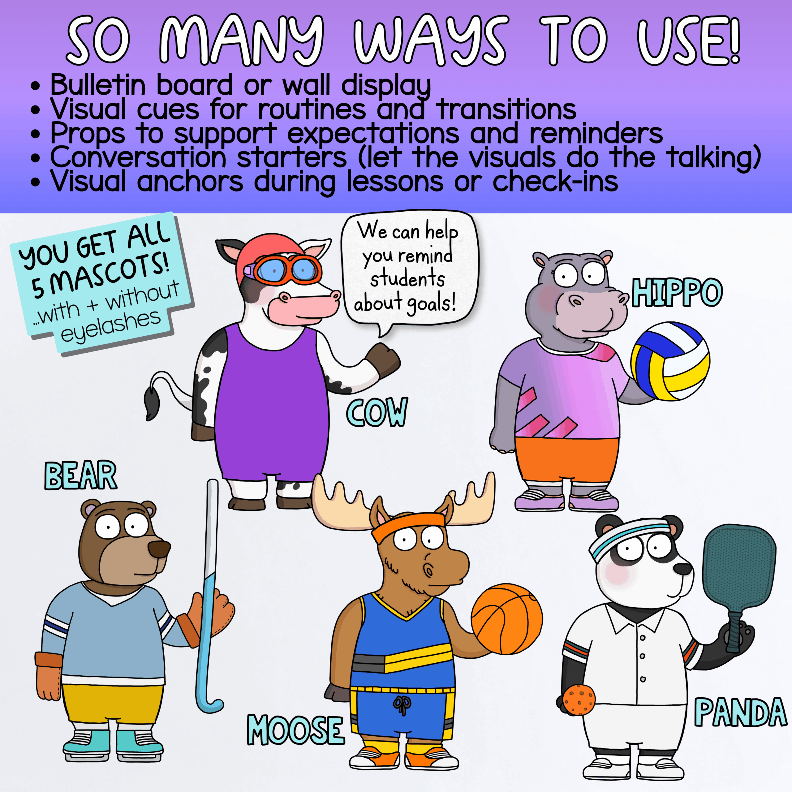 Class Systems Mascot Goose for Classroom Management & Social Emotional Learning Sports Preview page showing Moose & Friends classroom mascot sports outfits including golf, snowboarding, gymnastics, swimming, and pickleball. Includes a free sample promotion for the Moose & Polar Bear classroom mascot kit with playful speech bubbles and SEL classroom visuals.