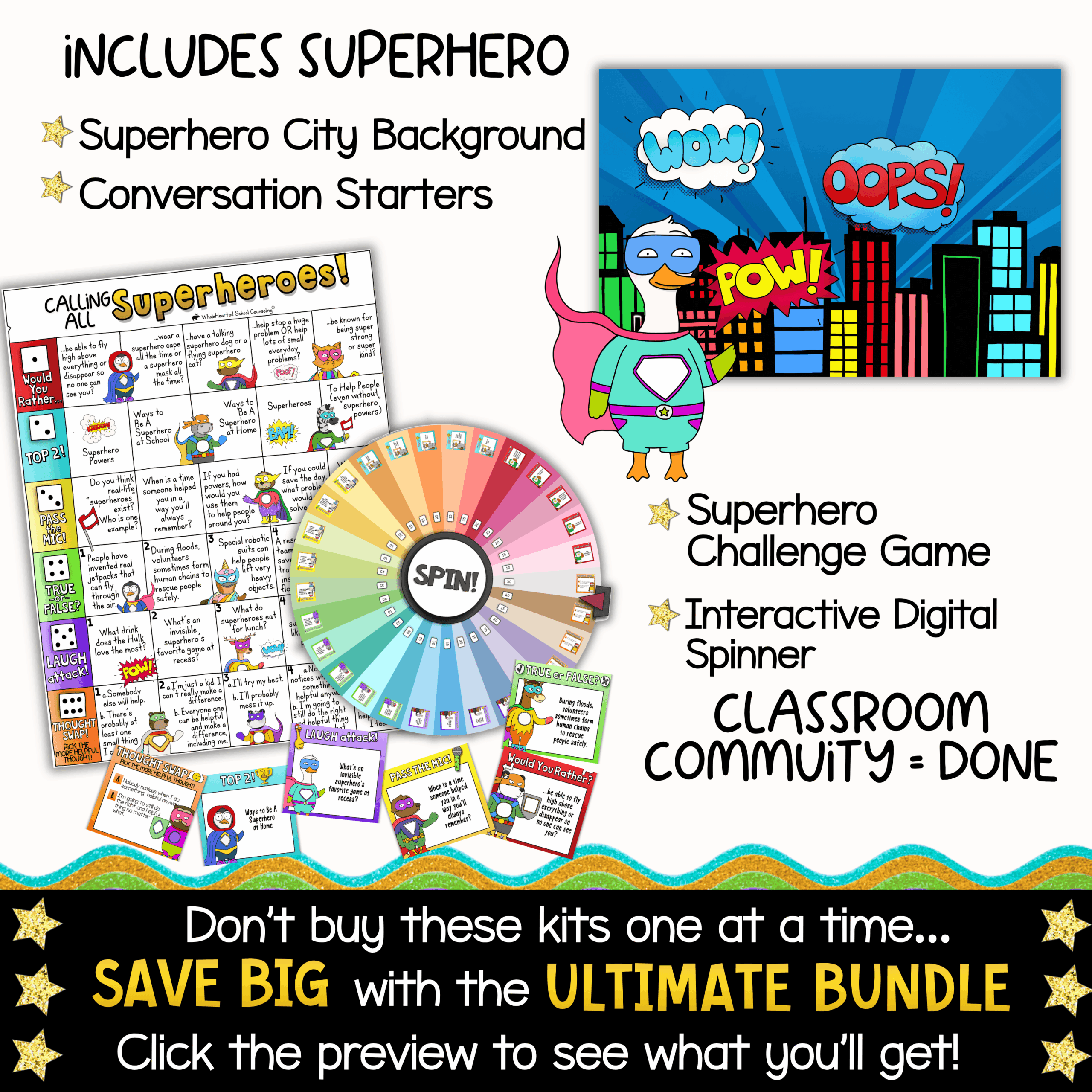 Classroom goose Superhero Class Mascots Superhero-themed classroom resource preview featuring a superhero city background, SEL conversation starter game, printable challenge cards, interactive digital spinner game, and classroom community activities from the Goose + Friends Superhero Classroom Mascot Kit.