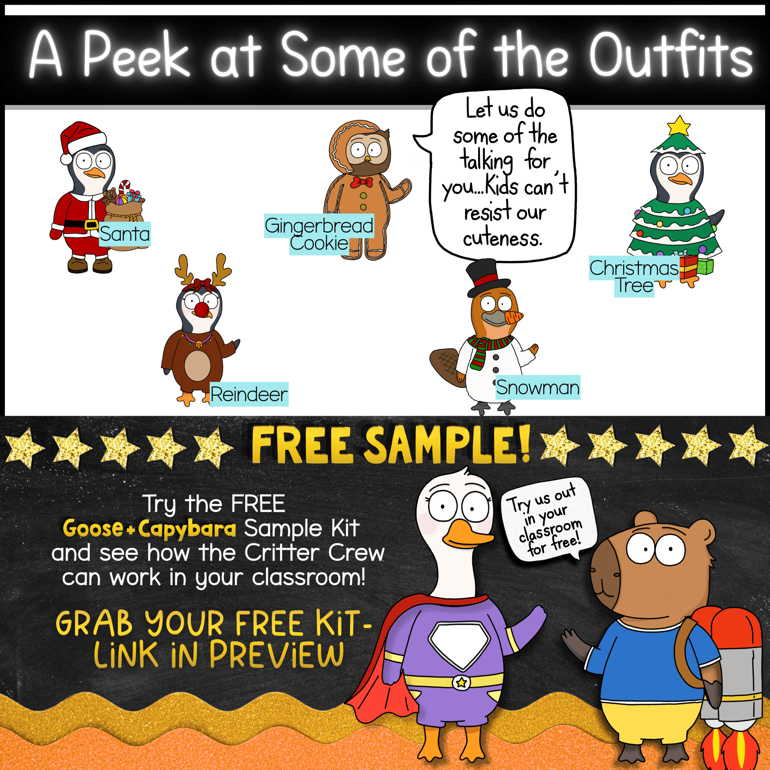 Christmas Goose Classroom Mascot Classroom Community Pack Cute goose and capybara classroom mascots for Christmas lessons and activities