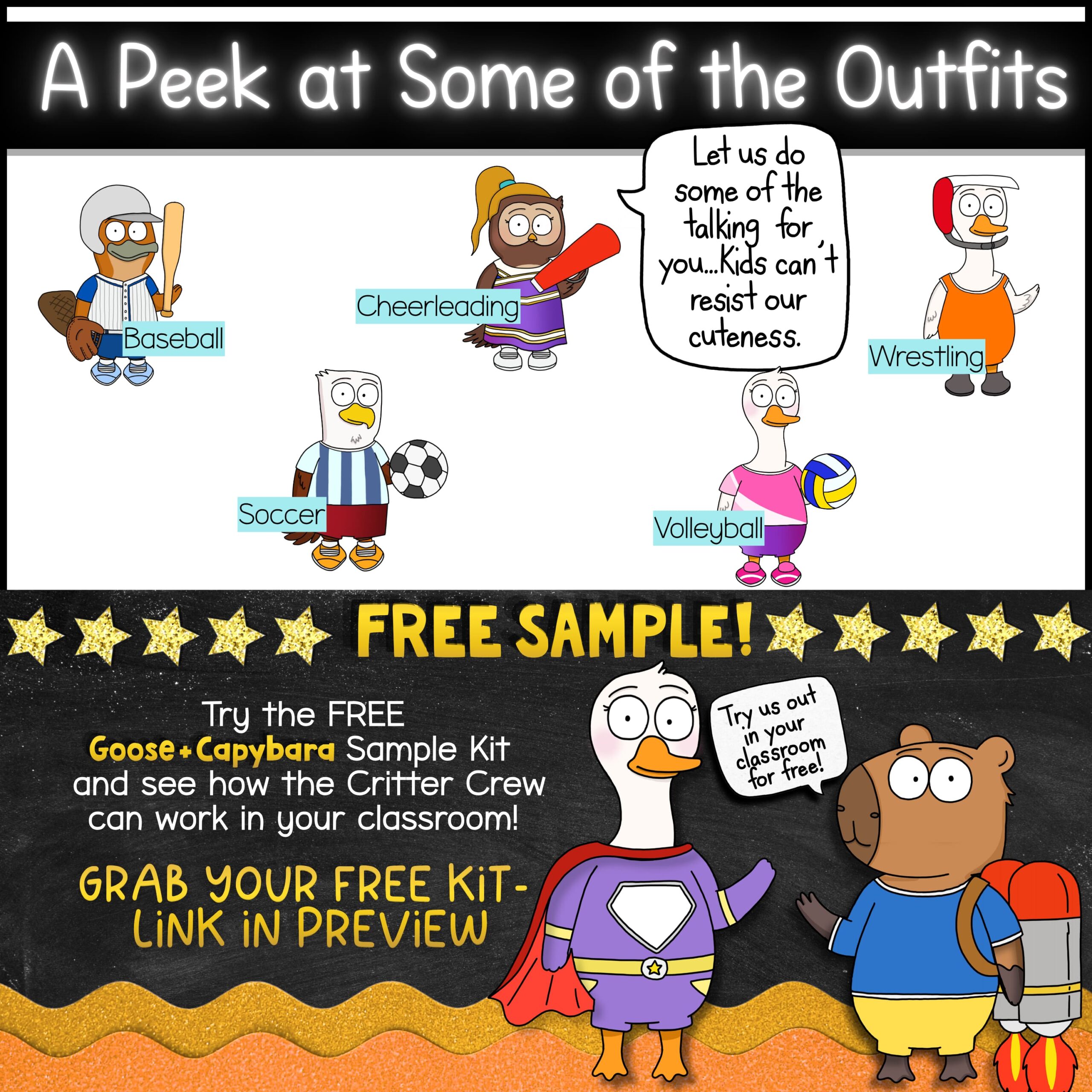 Porch Goose Mascot for Classroom Management, Behavior & SEL Sports Preview page showing Goose + Friends classroom mascot sports outfits including baseball, cheerleading, soccer, volleyball, and wrestling. Includes a free sample promotion for the Goose & Capybara classroom mascot kit with speech bubbles and playful SEL classroom visuals.