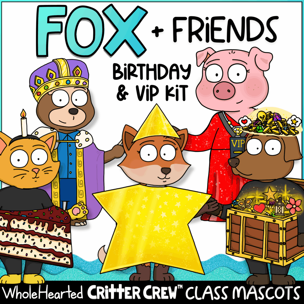 Fox classroom goose mascots with birthday and star student kit