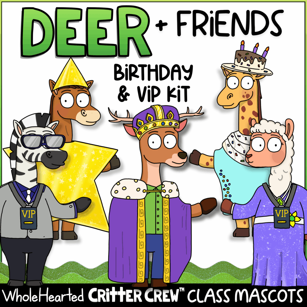 Deer, horse, giraffe, alpaca and zebra classroom mascots and birthday VIP start student Kit