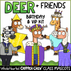 Deer, horse, giraffe, alpaca and zebra classroom mascots and birthday VIP start student Kit